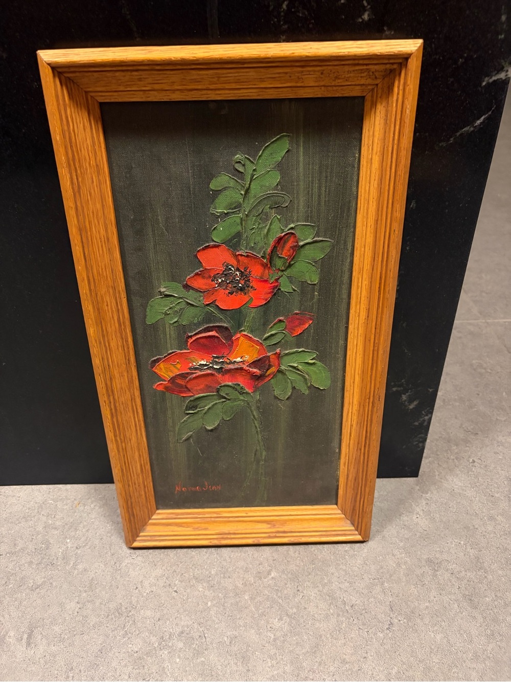Framed vintage mcm Red Floral Oil Painting on Dark Green Background